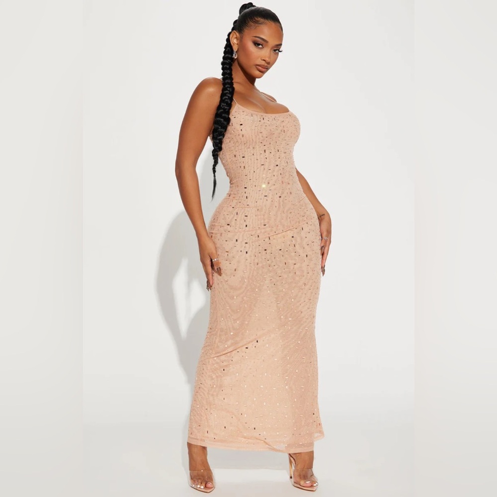 Katalina Rhinestone Mesh Maxi Dress - Nude size Small